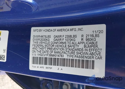 2021 Honda Accord Sport из США, поврежденный, VIN 1HGCV1F36MA014783